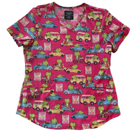 Cherokee Medical Uniforms V-Neck Frog Print Pink Scrub Top Women Medium Fun Cart - Picture 1 of 5